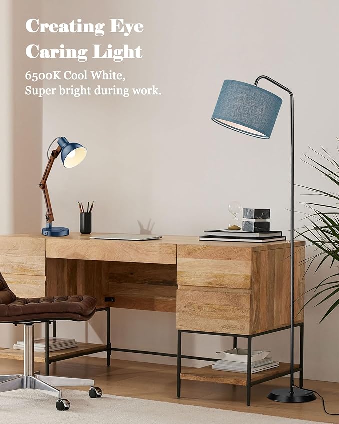 ELYONA LED Floor Lamp with 3 Color Temperatures, Modern Reading Standing lamp with Blue Linen Adjustable Hanging lampshade, Tall Pole Metal Lamp with 9W Bulb for Bedroom, Living Room, Office