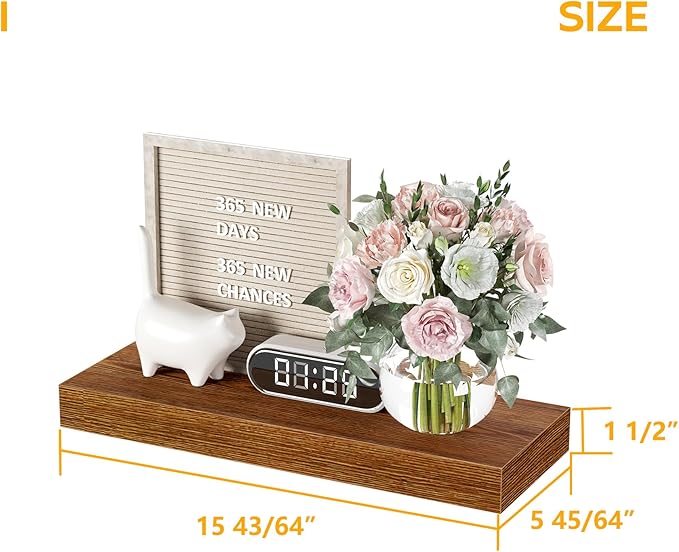BAMEOS Floating Shelves, 16x6 American Oak Wall Mounted Wooden Shelves with Invisible Brackets Set of 3, Hanging Wall Shelves Decoration for Bedroom, Bathroom, Living Room and Kitchen