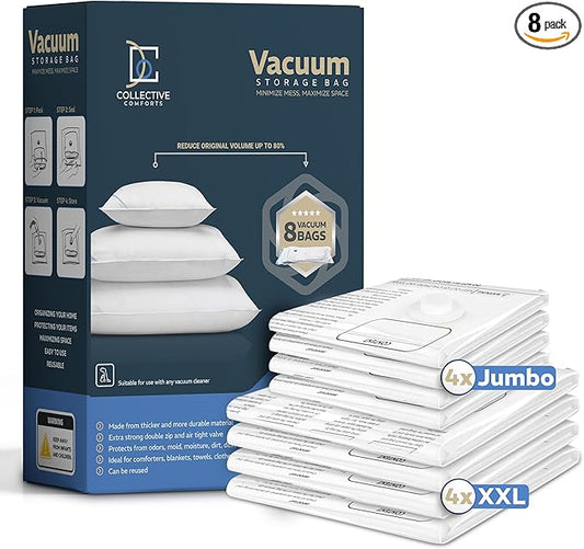 8 pack XXL Jumbo Vacuum Storage Bags - Vacuum Seal Bags for Clothing, Bedding, Blankets - Storage And Organization – Space Saver Vacuum Storage Bags - 4XXL (47x35in) + 4Jumbo (39.5x31.5in)