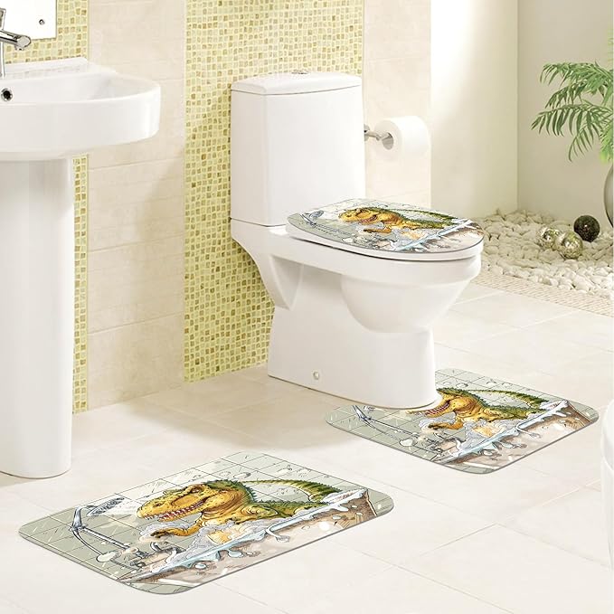 4PCS Dinosaur Shower Curtain Set with 12 Hooks for Bathroom Sets Dinosaur Decor, Non-Slip Rugs and Toilet Mat Lid Rug, Durable Waterproof for Bathroom Cartoon Dinosaur Decor 72x72 Inch