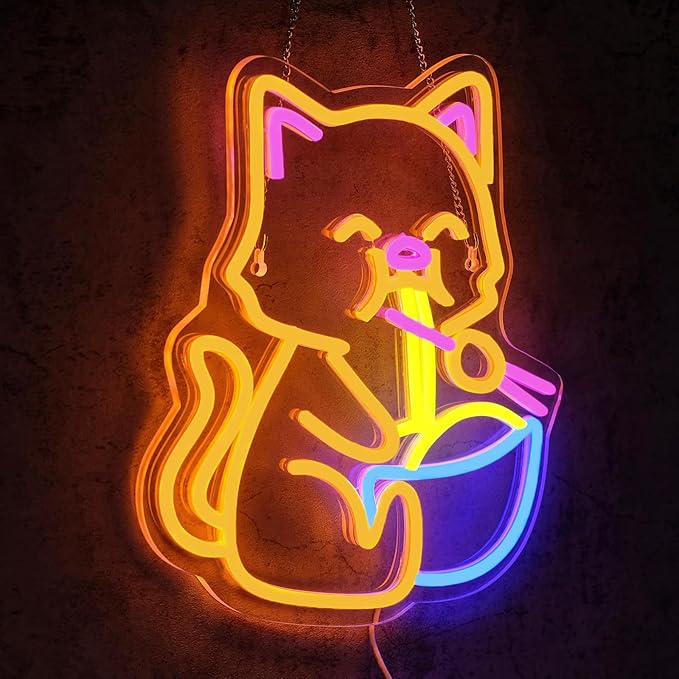 Cat Ramen Neon Sign for Wall Decor Dimmable Led Lights Signs Cat LED Signs for Home Bar Yellow Noodles Neon Light Room Decor for Bedroom Kitchen Restaurant Gift USB Powered