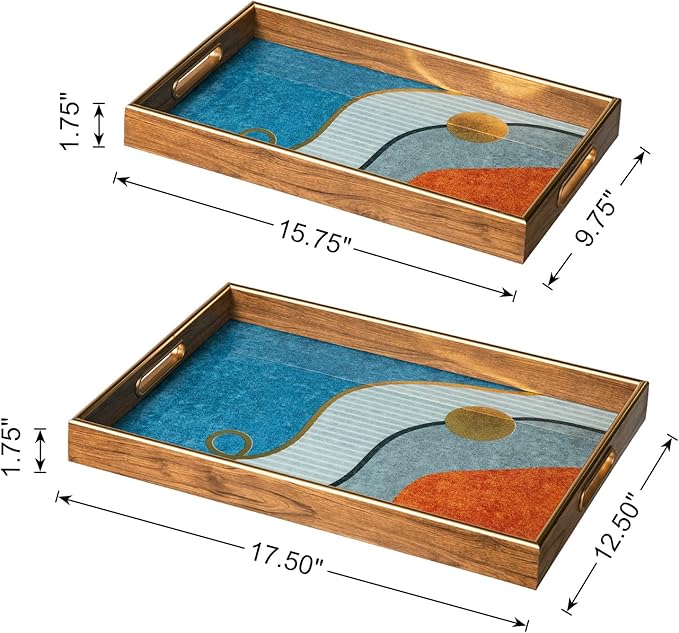 Glitzhome Serving Tray with Handles, Set of 2 Rectangle Wooden & Plastic Abstract Decorative Trays Storage Tray for Living Room Ottoman Coffee Table Parties Supplies, 17.5" x12.5" and 15.75" x 9.75"