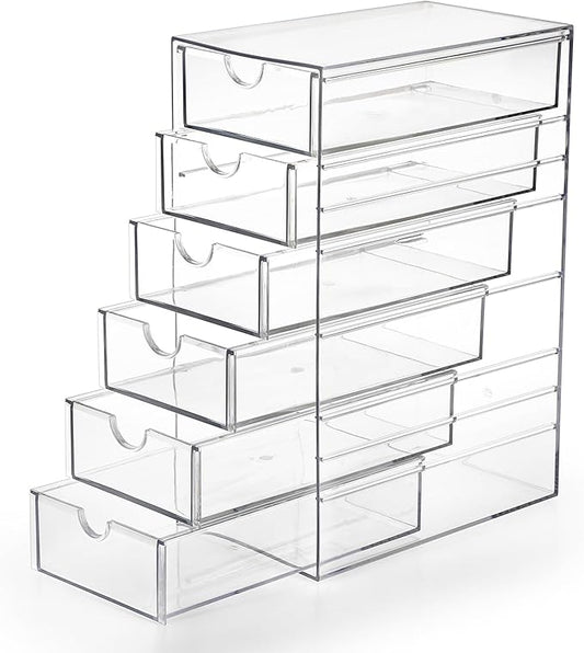 Hipiwe Plastic Drawer Organizer Clear Desktop Drawers Box with 6 Pull Out Drawer Compact Storage Box for Cabinet Vanity Bathroom Bedroom Pantry Shelf Office or Closet Organization