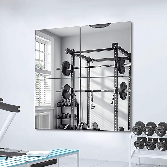Delma Frameless Mirror Tiles 22"x22"x4 Pcs Wall Mounted, Shatter Resistant Full Length Tempered Glass Panels for Home Gym Bathroom Bedroom & Living Room Decor