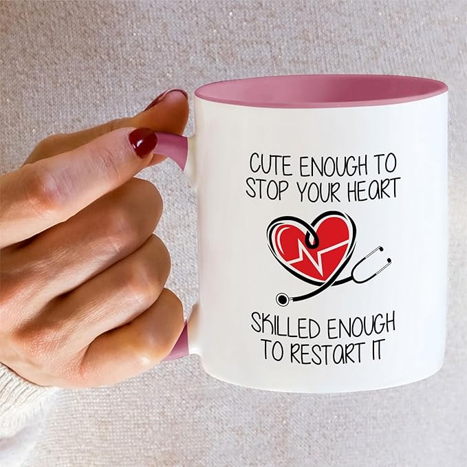 Retreez Funny Mug - Cute Enough To Stop Your Heart Skilled to Restart It Doctor 11 Oz Ceramic Coffee Mugs - Sarcasm, Motivational, Inspirational birthday gifts - White Mug with Pink Handle and Inner