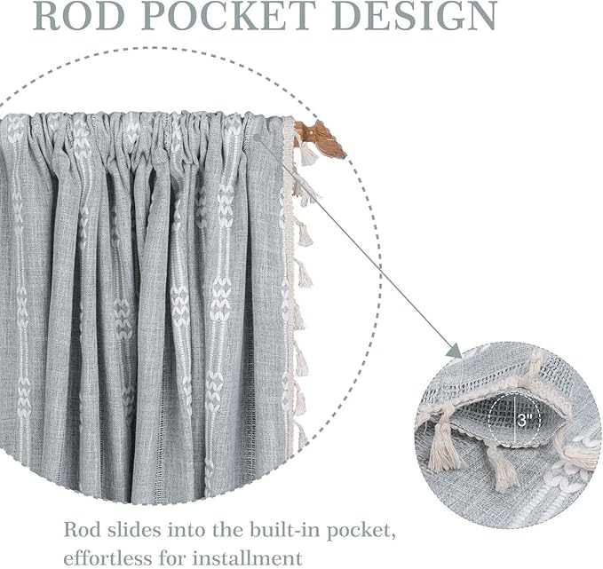 ColorBird Curtains for Bedroom, Grey Blue Linen Darkening Drapes 63 inch Length 2 Panels, Embroiderey Boho Farmhouse Room Divider Curtains for Living Room Dining Nursery Closet