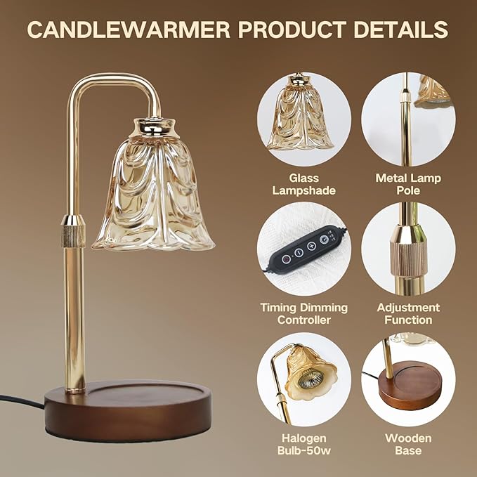 Candle Warmer Lamp with Timer Electric Candle Warmer Lamp Adjustable Height Candle Warmer Dimmable Wax Warmer Lamp Jar Candles with 2 Bulbs for Home Decor & Office