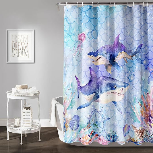 AILONEN Cartoon Shark Shower Curtain for Kids Boys Girls,Blue Ocean Coral Shell Fish Scale Coast Bathroom Curtain, 72" W*72" H Bath Curtain Polyester Waterproof Shower Curtain with 12 Hooks
