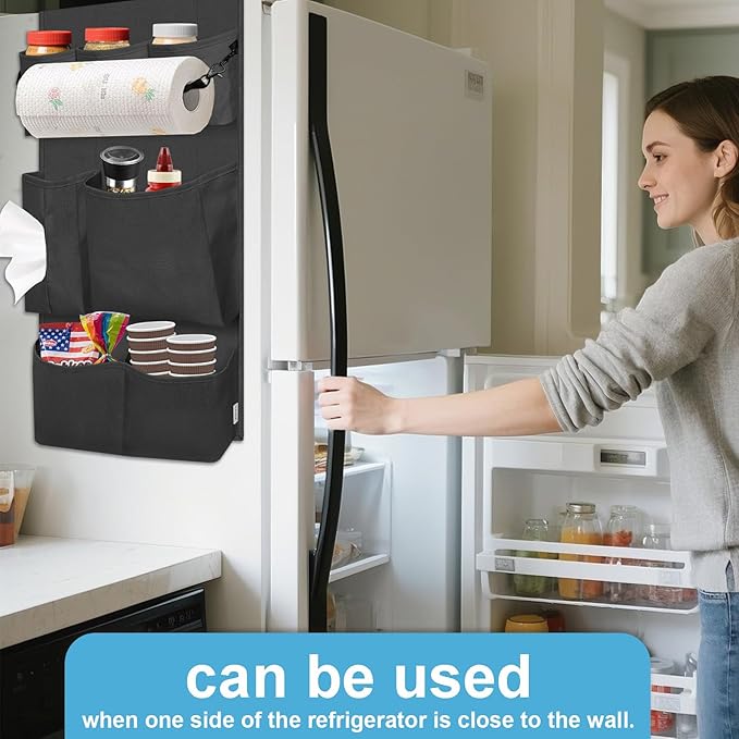 homyfort Mini Fridge Organizer, Over The Fridge Storage Organizer with 14 Pockets, College Dorm Storage for Office, Kitchen, Home, School, Black