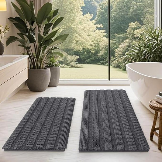 Striped Grey Bathroom Rug Mat Set 2 piece 32"x20"+24"x17" Ultra Soft, Non Slip Chenille Bath Rugs, Absorbent Plush Shaggy Bath Mats for Bathroom, Bedroom, Kitchen, Shower, Tub,Dark Gray, Charcoal