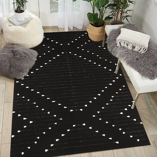 LIVEBOX Boho Black Rug 5' x 7' Large Washable for Living Room,Moroccan Cotton Bedroom Indoor Outdoor Throw Area Thin Carprt for Dining Room Balcony Porch