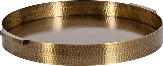 Kate and Laurel Samana Modern Glam Round Metal Tray, 17 Inch Diameter, Antique Brass, Circular Polished Decorative Tray with Hammered Surface and Minimalist Handles