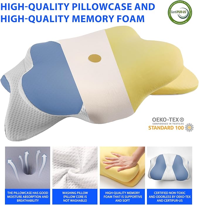 Memory Foam Cervical Pillow for Neck Pain，Ergonomic Memory Foam Pillow for Side,Back and Belly Sleepers with Breathable Pillowcase
