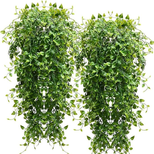 Artificial Hanging Plants 4pcs 33-in Fake Hanging Plant Faux Ivy Vine Leaves UV Resistant Plastic Wall Greenery Plants for Indoor Outdoor Home Garden Wedding Jungle Party Patio Office Shelf Decor