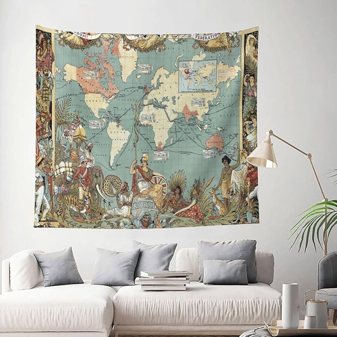 World Map Tapestry Wall Hanging for Kids Student 60 x 51Inch, World Map with Countries and Major Cities Tapestry Educational Wall Decorative Cloth for Bedroom Living Room Dorm Home Decoration