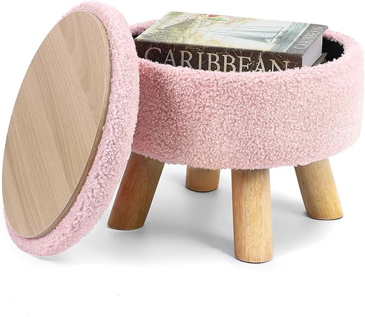 Ottoman Foot Rest, Small Round Ottoman with Storage, Boucle Teddy Velvet Footstool with Wood Legs, Soft Sponge Storage Ottoman for Living Room, Bedroom, Couch, Enterway (Pink)