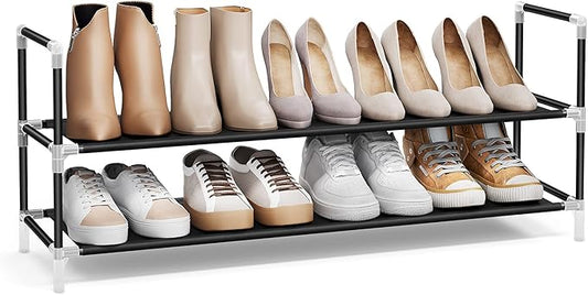 SONGMICS 2-Tier Shoe Rack, Shoe Storage for Hallway Closet, Slim and Space-Saving, Metal Frame, Non-Woven Fabric Shelves, Black ULSH052B01