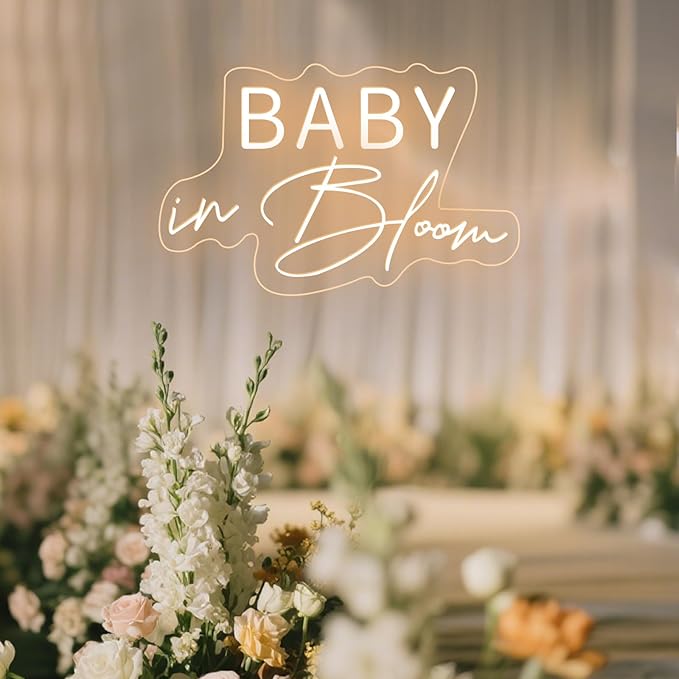 Baby In Bloom Neon Sign Baby shower Welcome Neon Light Warm White LED Light up Signs for Bedroom Boys Girls Room Club Bar Shower Backdrop Party Decorations