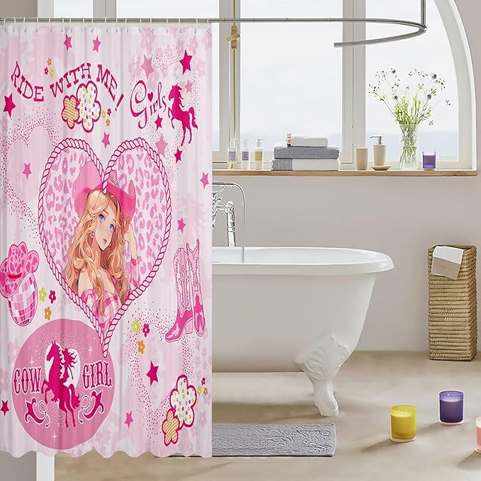 Western Cowgirl Kids Shower Curtains,Cowboy Boots Horseshoe Rustic Bathroom Curtains for Girls Women,Stars Leopard Flowers Cartoon Pink Romantic Waterproof Curtains,12 Hooks Suits,72"W x 72"L