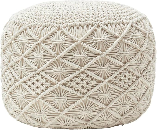 Ornavo Home Pouf Ottoman Foot Rest - 100% Cotton Pouffe - Hand Knitted Macrame Braid - Boho Round Stuffed Ottoman for Living Room, Bedroom - Natural