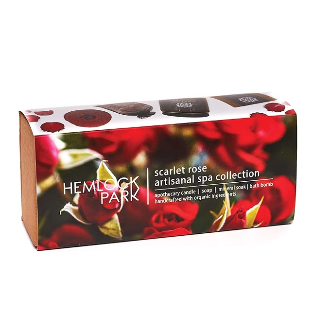 Hemlock Park Scarlet Rose Artisanal Spa Gift Box | Apothecary Candle, Shea Butter Soap, Bath Bomb, Mineral Salt Bath Soak | Handcrafted with Plant Based Ingredients