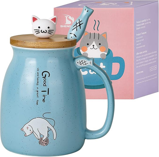 SHENDONG Cute Cat Mug Cat Cup Novelty Cat Mugs Cat Gifts for Cat Lovers Women Girl Kids Morning Office Cute Cat Cup Coffee Cup with Kawaii Kitty Lid and Spoon Japanese style Blue 15OZ
