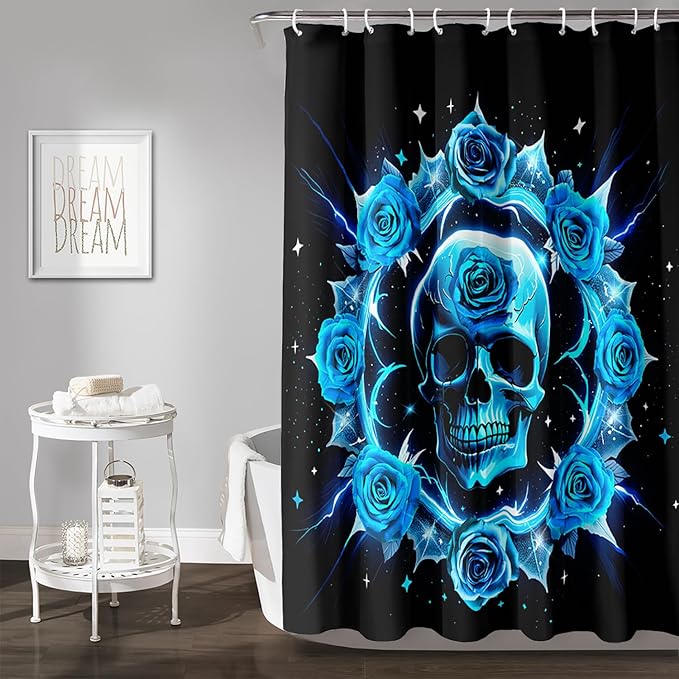 AILONEN Sugar Skull Shower Curtain for Bathroom,Blue Rose Flower Bath Curtain,Romantic Floral Skeleton Decor Bathroom Waterproof Curtain with 12 Plastic Hooks, 72" W*84" H