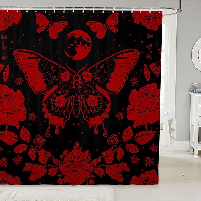Feelyou Red Butterfly Fabric Shower Curtain Cover Botanical Floral Shower Curtain for Kids Boys Girls Butterflies Bathroom Waterproof Accessories with 12 Hooks Flying Curtains,72x84 Inches