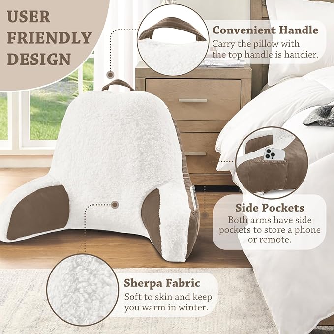 LOVTEX Reading Pillow with Removable Cover, Back Pillow for Sitting Up in Bed with Arms and Pockets, Sherpa Bed Rest Pillow Adult, 20 x 15 Inches(Brown and White)