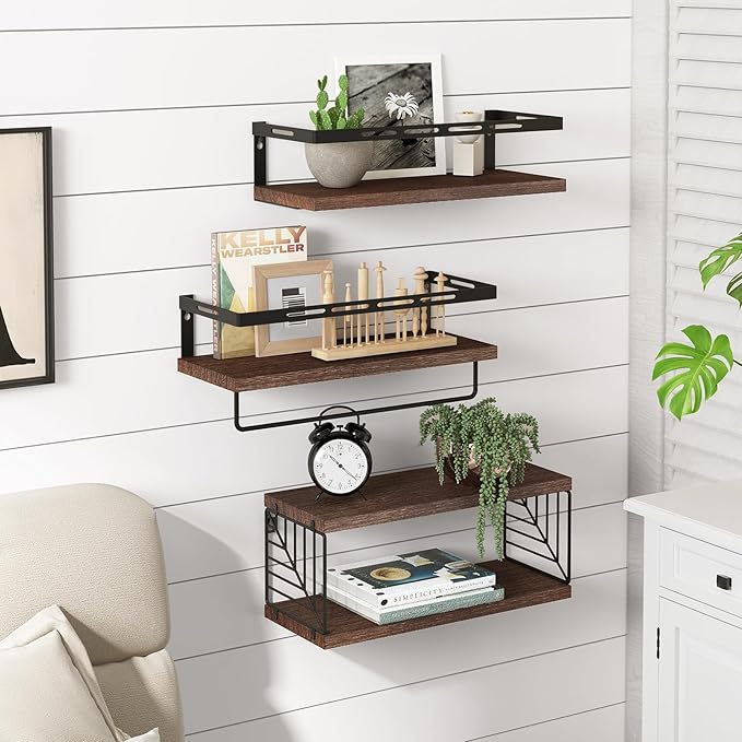 Fixwal 3+1 Tier Wall Mounted Bathroom Shelves Over Toilet, Rustic Wood Floating Shelves with Metal Frame and Towel Bar for Bathroom, Kitchen, Bedroom, Living Room (Dark Brown)