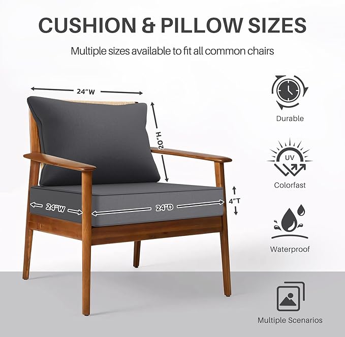 Outdoor Chair Cushion Set 24 x 24 Inch Waterproof Fade Resistant Patio Furniture Cushions with Handle and Adjustable Straps Back Seat Cushions for Wicker Seat and Couch