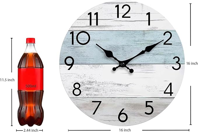 Wall Clock Silent Non-Ticking Wooden Clocks Battery Operated 16 Inch Small Country Retro Rustic and Beach Style Decorative for Living Room, Kitchen, Home,Bathroom, Bedroom (Blue)