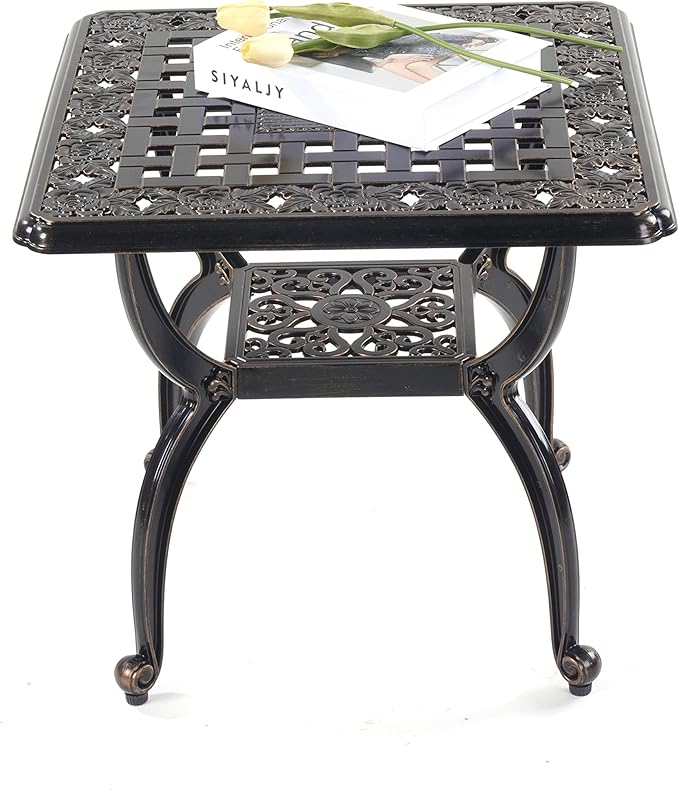 Mandolin Outdoor Patio,Rust -Resistant Cast Aluminum Side Table,Weather Resistant End Table，Coffee Table， Perfect for Patio, Backyard Or Garden. W 20.8" X H18.5(Aluminum Square, Copper)
