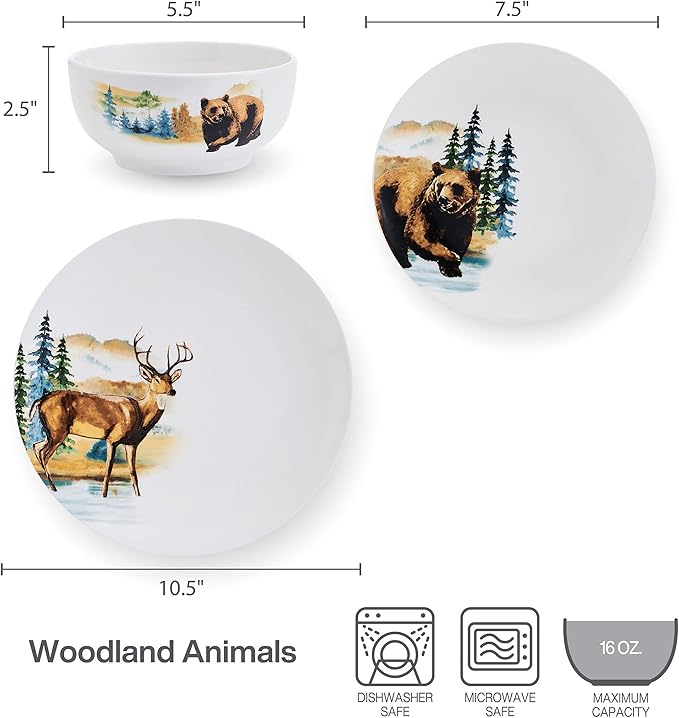 Studio Nova Woodland Animals Lodge 12 Piece Dinnerware Set, Service for 4, White