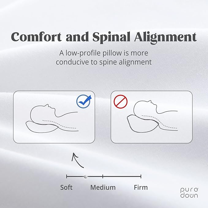 Puredown® Feathers Blend Soft and Flat Pillow with 100% Cotton Cover, Standard Size, Set of 2