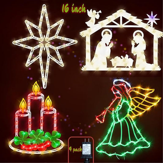 16" Christmas Window Silhouette Lights Decorations - 4 Pack Colour Lighted Angel & Nativity & Bethlehem Star & Candle for Holiday Indoor and Outdoor Wall Door Window Decorate