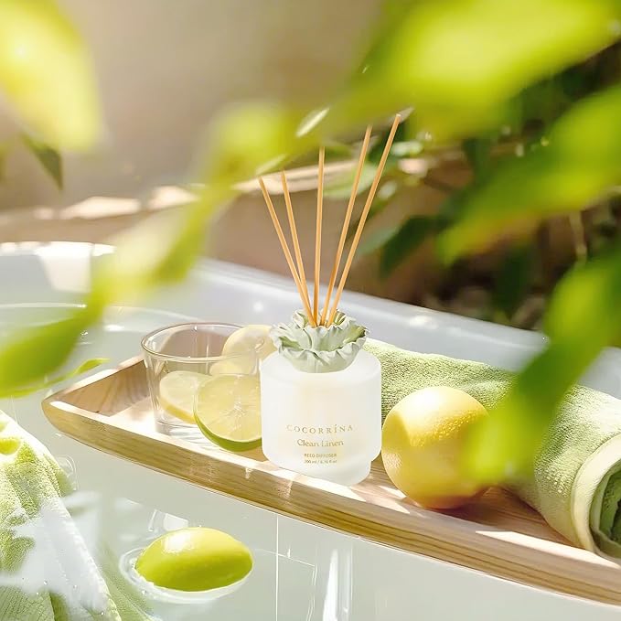 Cocorrina Gypsum Flower Reed Diffuser Set for Bathroom Décor – Clean Linen Scent, 6.76 oz with Sticks & Oil – Home Fragrance for Bathroom & Living Space