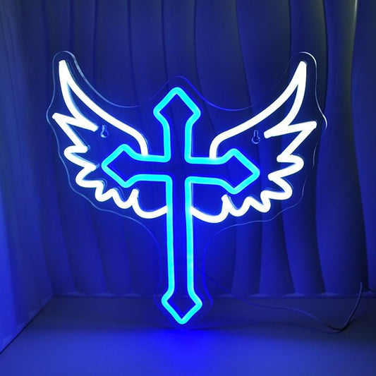 Cross Wings Neon Signs for Wall Decor White Blue LED Light Sign for Preppy Room Decor Light Up Sign for Birthday Party Decoration USB Powered