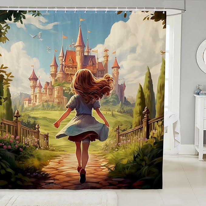 Feelyou Pretty Girl Bathroom Waterproof Accessories with 12 Hooks Castle Fabric Shower Curtain for Girls Pricess Style Shower Curtain Fancy Theme Curtains,72x84 Inches