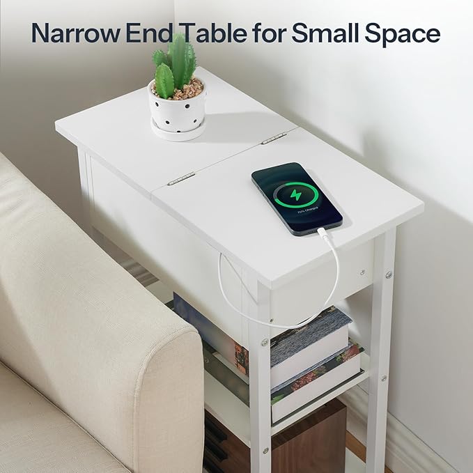 HOOBRO End Table with Charging Station, Narrow Side Table, Flip Top Nightstand with USB Ports and Outlets, Bedside Tables with Shelf for Small Spaces, Living Room, White WT341BZ01