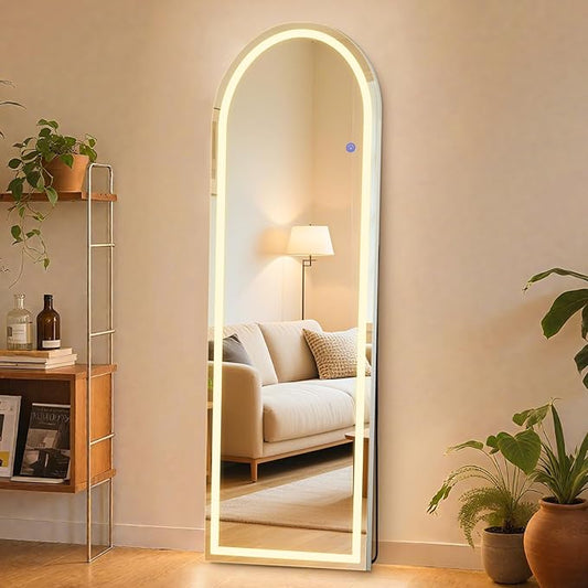 Sweetcrispy Full Length Mirror with LED Lights, 60"x16" Lighted Floor Mirror with Dimming & 3 Color Lighting, Stand for Bedroom, Dressing Room, Arched