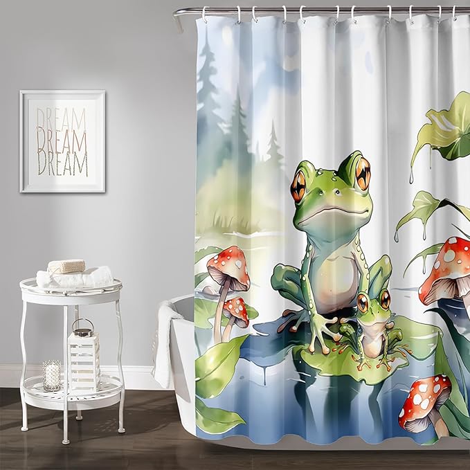 AILONEN Cartoon Frog Shower Curtain,Cute Green Frog Amphibious Animal Waterproof Fabric Bath Curtain for Kids Girls Boys,Red Mushroom Shower Curtain Set for Bathroom with Hooks,48" W*72" H