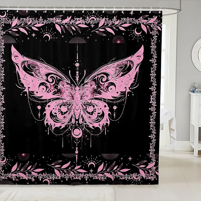 Feelyou Boho Pink Butterfly Bathroom Waterproof Accessories with 12 Hooks Bohemian Moth Shower Curtain for Kids Boys Girls Moon Galaxy Fabric Shower Curtain Black and Pink Curtains,72X72 Inches