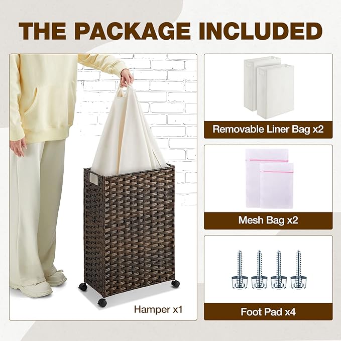 Greenstell Laundry Hamper with Wheels, 11.9 Gallon (45L) Small Clothes Hamper with 2 Removable Liner Bags & 2 Mesh Bags, Slim Rattan Laundry Basket for Bathroom, Bedroom, Brown