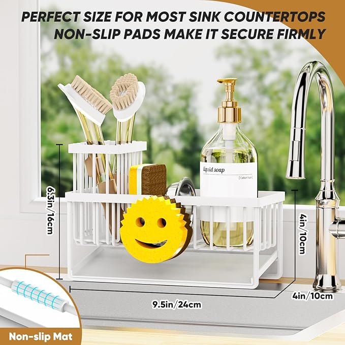 Sponge Holder for Kitchen Sink,Smiley Face Sink Caddy with Removable Brush Holder,Self-Draining Sponge Caddy for Soap,Dish Brush,Scrubber,Kitchen Essentials and Gadgets-White