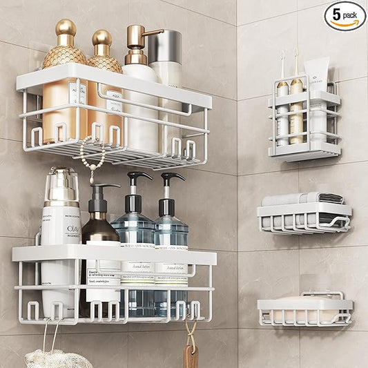 Cobbe Adhesive Shower Caddy 5-Pack, Large Wall Mounted Shower Shelves Rack, Organizer Storage Accessories with Soap Dish&Toothbrush Holder, Shelves for Bathroom Storage & Home Kitchen Decor, White