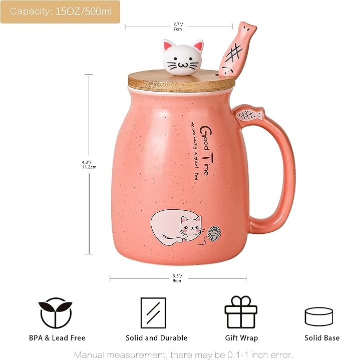 SHENDONG Cute Cat Mug - Novelty Mug for Cat Lovers, Kawaii Kitty Lid & Spoon, Japanese Style Pink, 15OZ