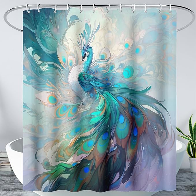 AILONEN Peacock Shower Curtain, Green Bird Shower Curtain for Bathroom Decor,Beautiful Bird Peacock Bath Curtain for Girls Women Fresh Nature Waterproof Curtains Sets 72" W*84" H