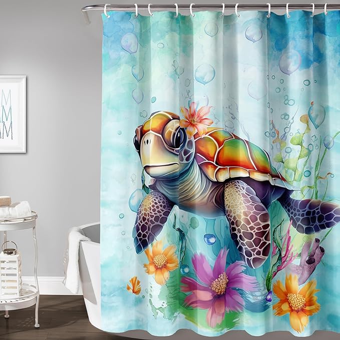 AILONEN Cute Sea Turtle Shower Curtain,Boys Kids Ocean Turtle Bath Curtain with 12 Plastic Hooks,Watercolor Sea Turtle Decorative Waterproof Curtain 72" W*96" H