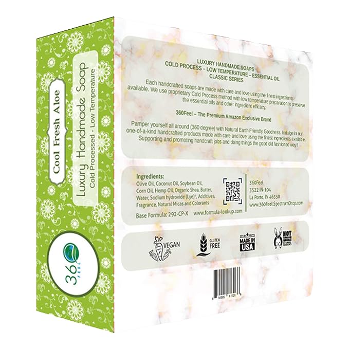 360Feel Cool Fresh Aloe Soap - Handcrafted Castile Bar Soap with Soothing Scent - Handmade with Essential Oils - Ideal Gift for Anniversaries, Weddings, and Holiday Stockings - Rich Lather - 5 Ounce